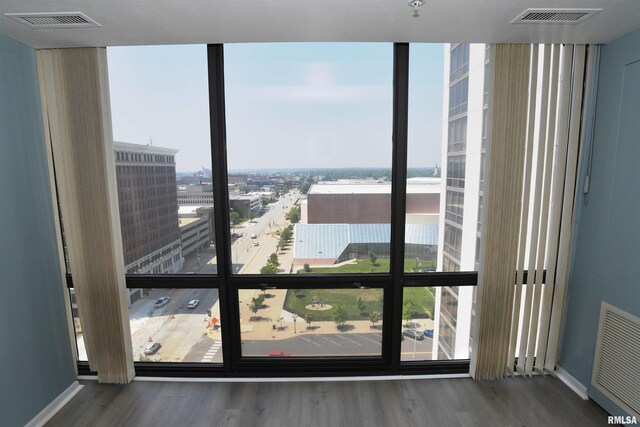 123 SW Jefferson Ave Unit E14A, Peoria, IL 61602 - detailed view of wood finished floors, baseboards, and a view of city