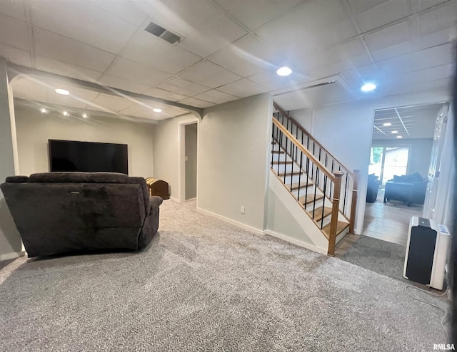 283 Old Germantown Rd, East Peoria, IL 61611 - living room featuring stairway, arched walkways, carpet, and baseboards