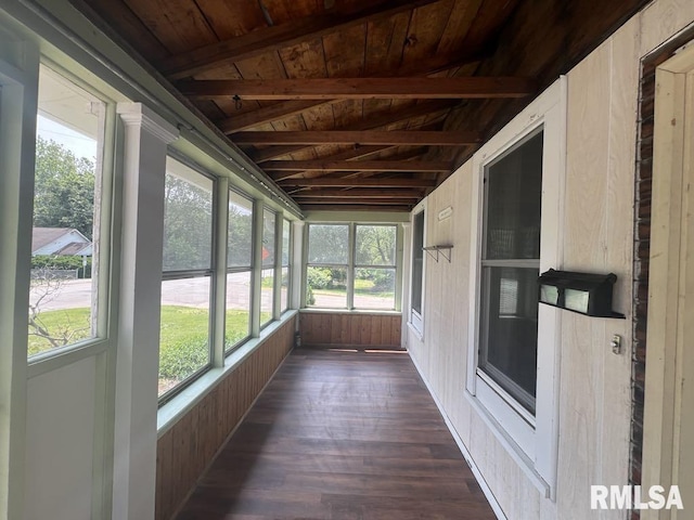 836 S Johnson St, Macomb, IL 61455 - unfurnished sunroom featuring wooden ceiling with exposed beams, plenty of natural light, and wood finished floors