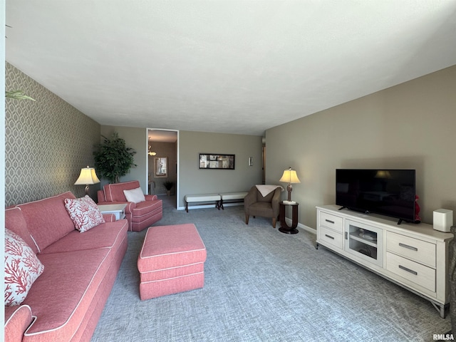 4444 N Knoxville Ave Unit 301, Peoria, IL 61614 - living room featuring light colored carpet, wallpapered walls, and baseboards
