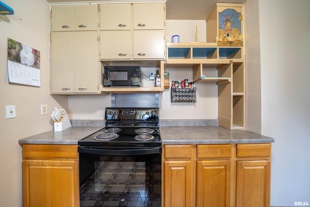 602 W Adams St, Abingdon, IL 61410 - kitchen with black appliances and open shelves