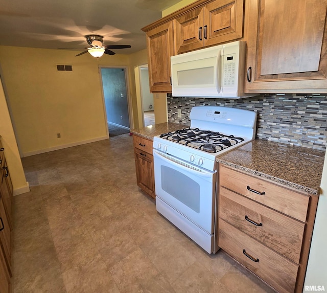 4928 W Farmington Rd, Peoria, IL 61604 - kitchen with white appliances, backsplash, a ceiling fan, and brown cabinetry