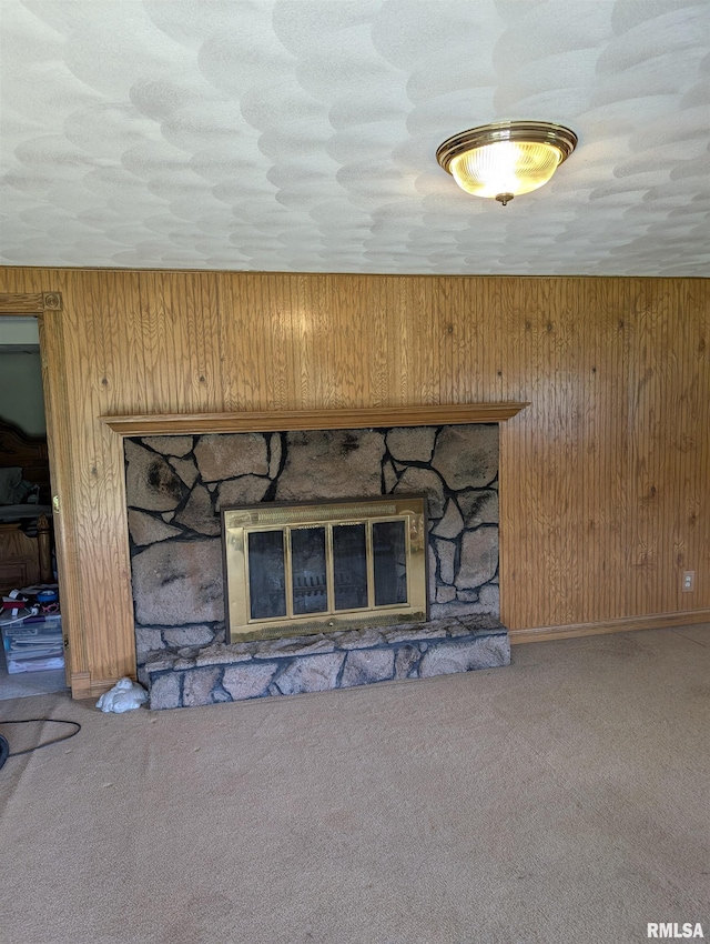 2123 Highwood Ave, Pekin, IL 61554 - detailed view of a fireplace, wood walls, carpet flooring, and baseboards