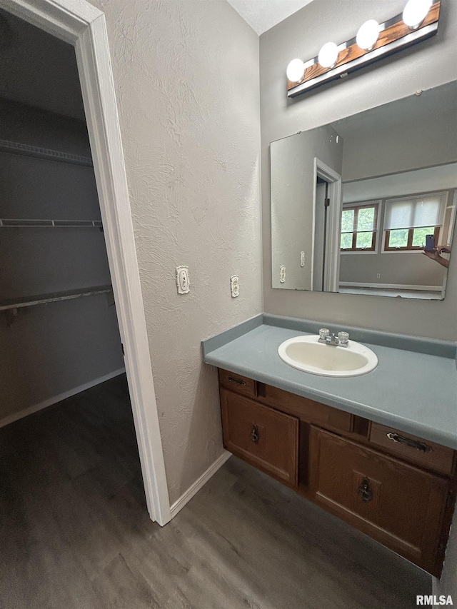 6831 N Frostwood Pkwy Unit D29, Peoria, IL 61615 - bathroom featuring wood finished floors, vanity, baseboards, and a textured wall