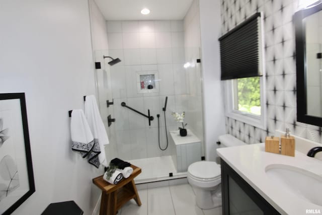 1964 Chestnut Ln, Washington, IL 61571 - bathroom with vanity, walk in shower, tile patterned floors, and recessed lighting