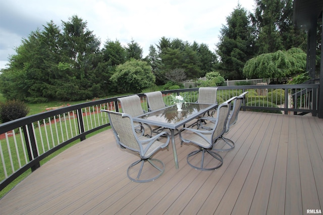 1964 Chestnut Ln, Washington, IL 61571 - wooden terrace with outdoor dining space, a yard, and view of scattered trees