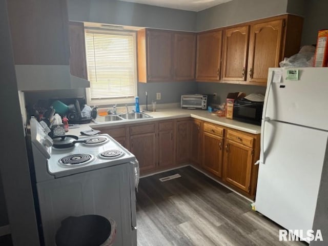 102 Main St, Camp Grove, IL 61424 - kitchen featuring white appliances, dark wood finished floors, a sink, light countertops, and brown cabinetry