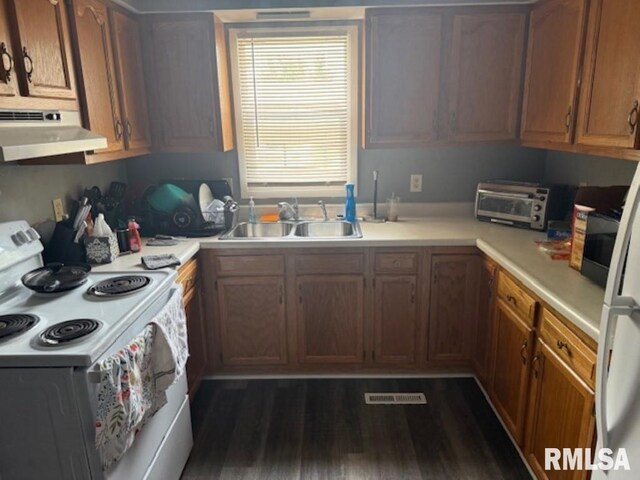 102 Main St, Camp Grove, IL 61424 - kitchen featuring electric stove, exhaust hood, a sink, light countertops, and dark wood-style floors