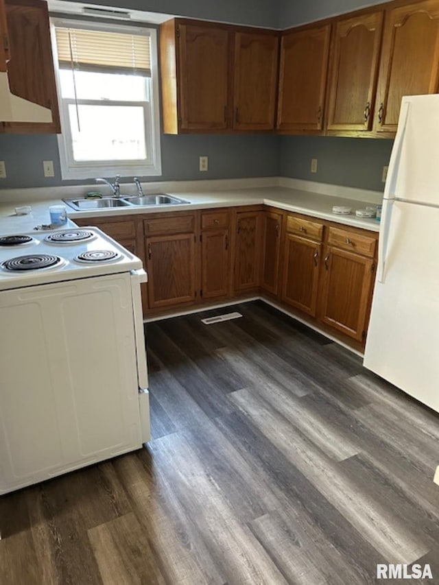 102 Main St, Camp Grove, IL 61424 - kitchen featuring white appliances, a sink, dark wood-type flooring, brown cabinetry, and light countertops