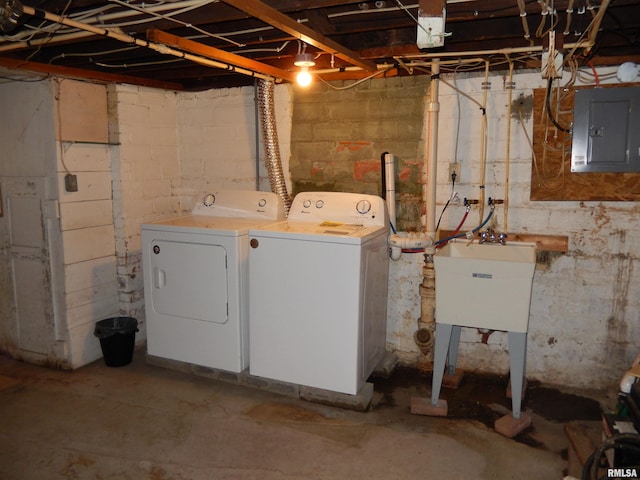120 W Adams St, Macomb, IL 61455 - unfinished below grade area with electric panel, independent washer and dryer, and a sink