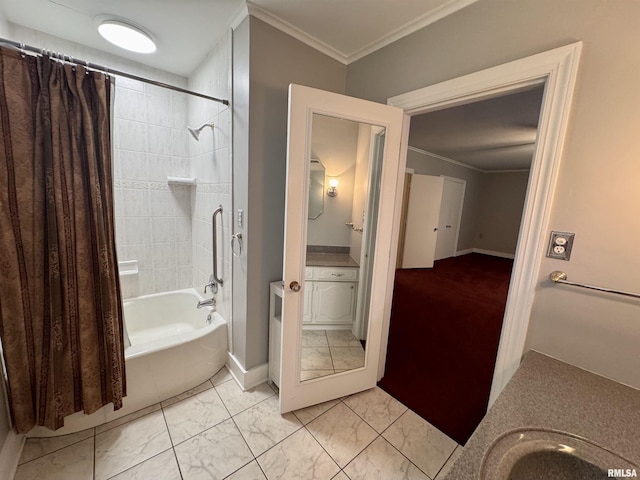 360 N Normal St, Macomb, IL 61455 - full bathroom with crown molding, marble look tile flooring, shower / bath combo with shower curtain, and vanity