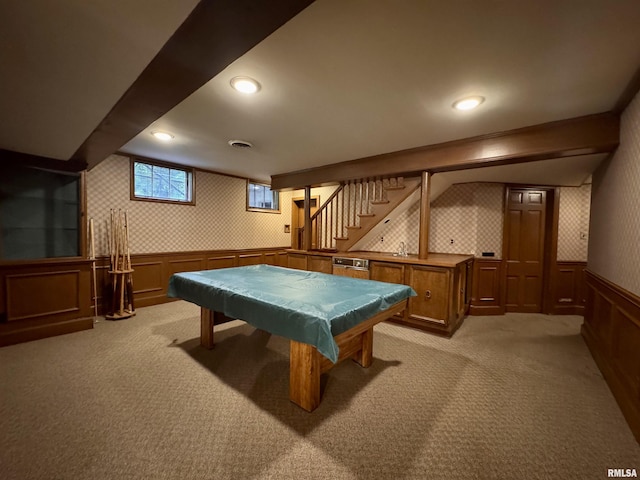 360 N Normal St, Macomb, IL 61455 - game room with light colored carpet, wallpapered walls, wainscoting, billiards, and a decorative wall