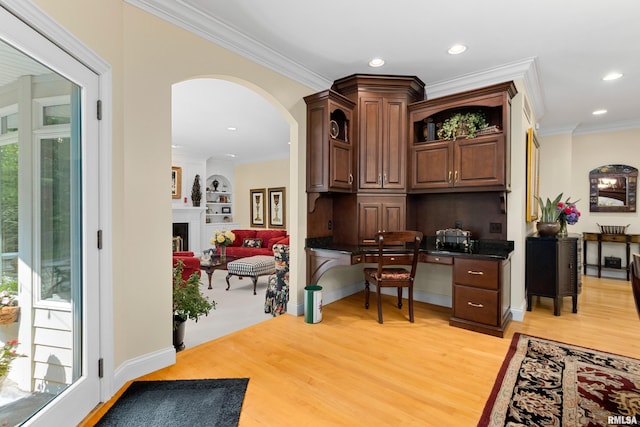 11518 N Nettle Creek Dr, Dunlap, IL 61525 - office featuring light wood-type flooring, recessed lighting, ornamental molding, arched walkways, and a fireplace
