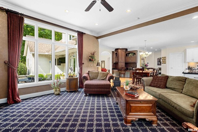 11518 N Nettle Creek Dr, Dunlap, IL 61525 - carpeted living room with arched walkways, a ceiling fan, recessed lighting, a chandelier, and crown molding