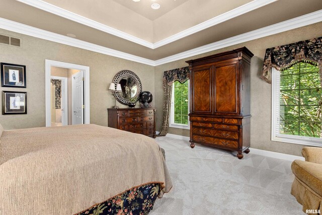 11518 N Nettle Creek Dr, Dunlap, IL 61525 - bedroom with light carpet, a tray ceiling, and crown molding