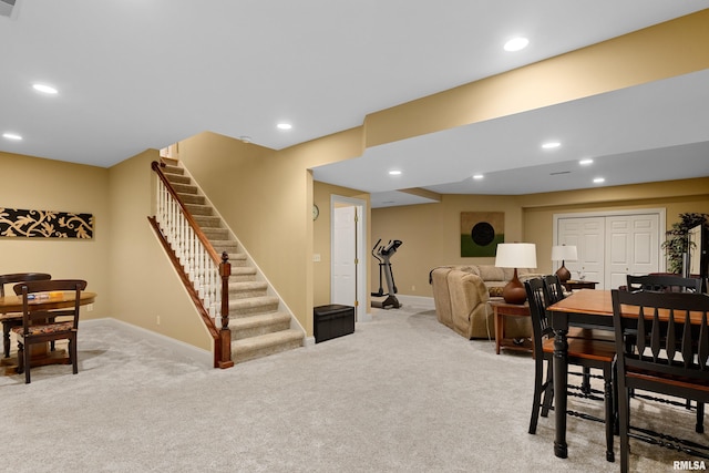 11518 N Nettle Creek Dr, Dunlap, IL 61525 - dining space featuring stairs, light colored carpet, and recessed lighting