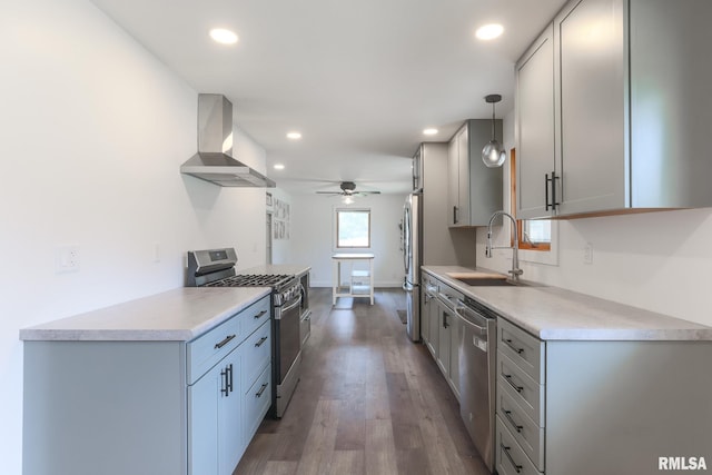 4415 N Rosemead Dr, Peoria, IL 61614 - kitchen featuring appliances with stainless steel finishes, island range hood, ceiling fan, light countertops, and recessed lighting