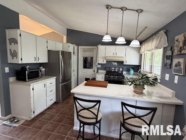 603 Sherry St, Colchester, IL 62326 - kitchen with stainless steel appliances, under cabinet range hood, a peninsula, lofted ceiling, and light countertops