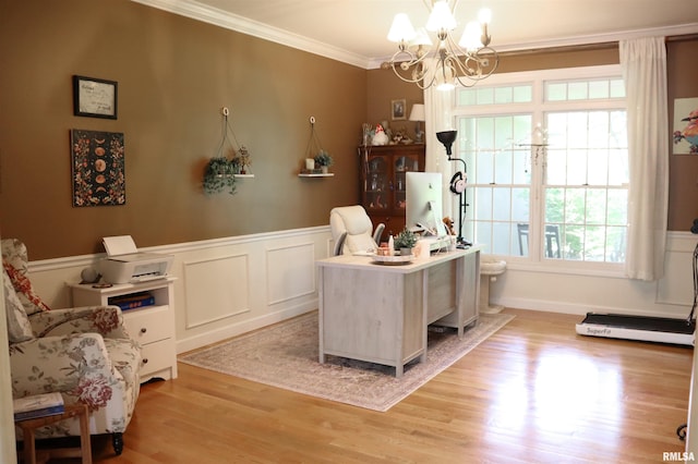 1112 W Cedar Hills Dr, Dunlap, IL 61525 - office space featuring ornamental molding, a chandelier, a wainscoted wall, light wood-type flooring, and baseboard heating