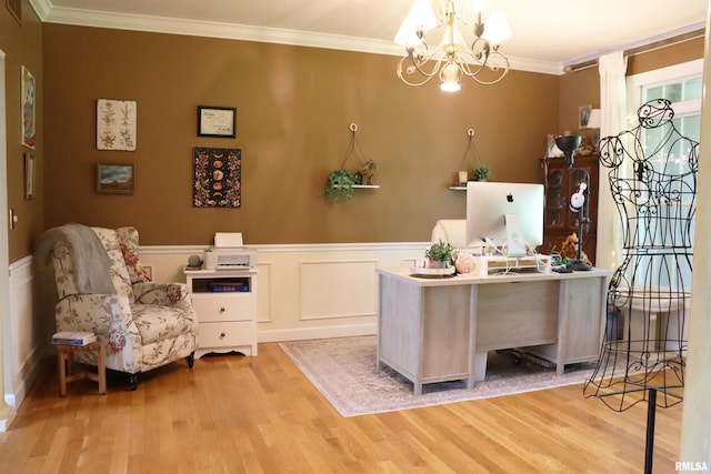 1112 W Cedar Hills Dr, Dunlap, IL 61525 - office area featuring wood finished floors, a chandelier, crown molding, and wainscoting