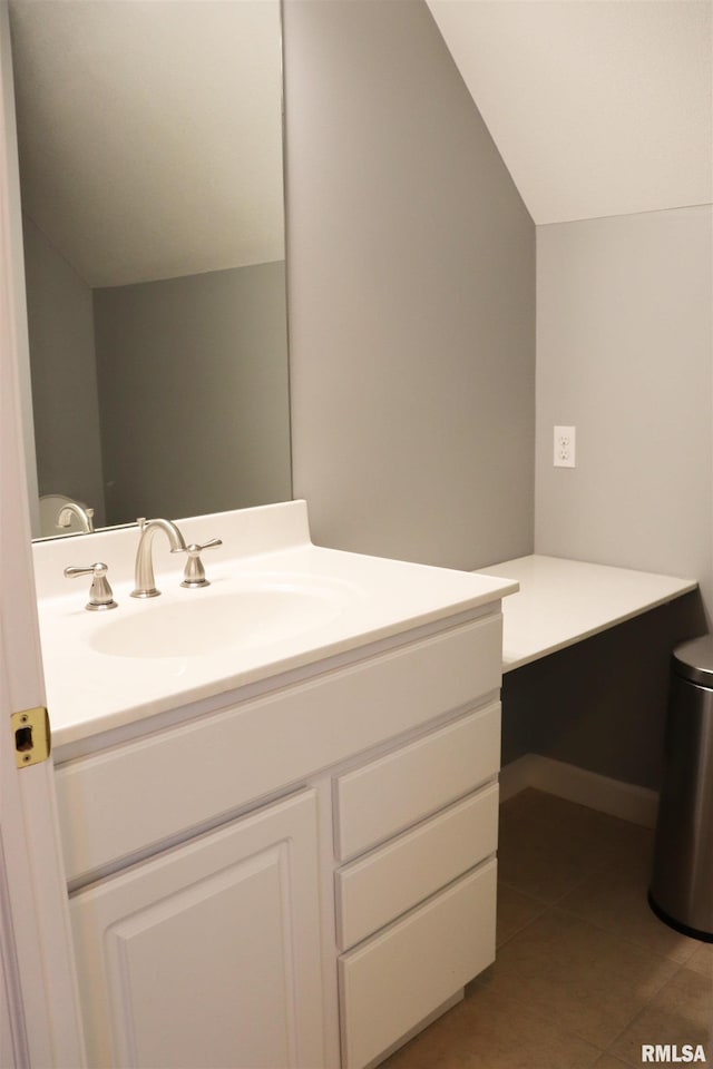 1112 W Cedar Hills Dr, Dunlap, IL 61525 - bathroom with vanity, tile patterned flooring, and lofted ceiling