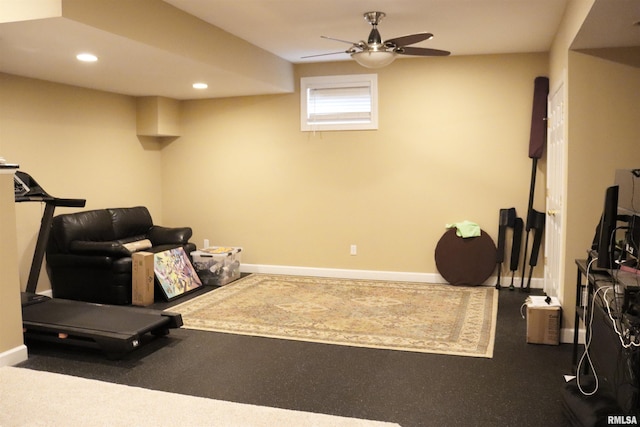 1112 W Cedar Hills Dr, Dunlap, IL 61525 - workout room featuring recessed lighting, baseboards, and a ceiling fan