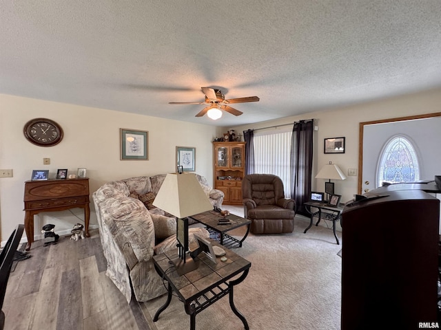 1612 Joyce Ln, Macomb, IL 61455 - living room featuring a textured ceiling, ceiling fan, healthy amount of natural light, wood finished floors, and baseboards