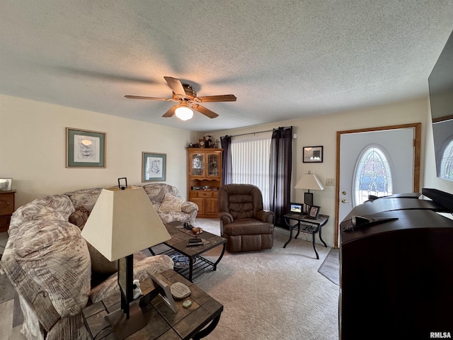 1612 Joyce Ln, Macomb, IL 61455 - living area featuring plenty of natural light, ceiling fan, a textured ceiling, and light colored carpet