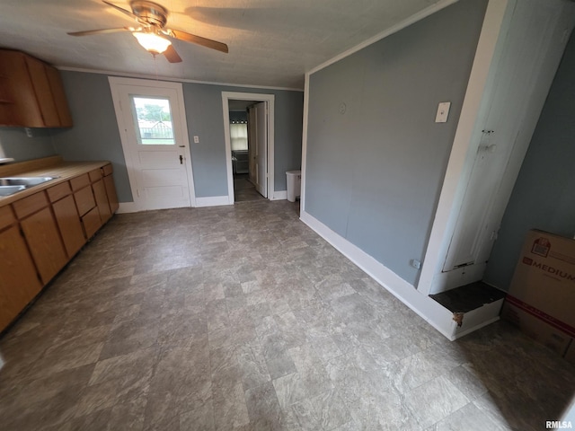 504 S Pennsylvania Ave, Abingdon, IL 61510 - kitchen featuring ceiling fan, ornamental molding, and light countertops
