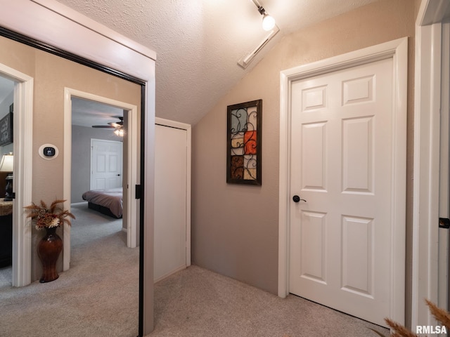 2010 E Paris Ave, Peoria, IL 61614 - hallway with light colored carpet, lofted ceiling, and a textured ceiling