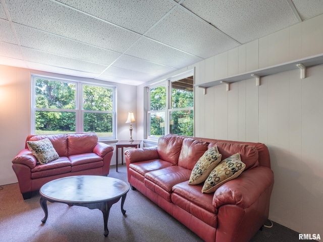 2010 E Paris Ave, Peoria, IL 61614 - carpeted living room featuring a drop ceiling and a decorative wall