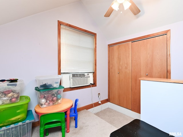 4126 N Chelsea Pl, Peoria, IL 61614 - game room with lofted ceiling, a ceiling fan, carpet flooring, and cooling unit