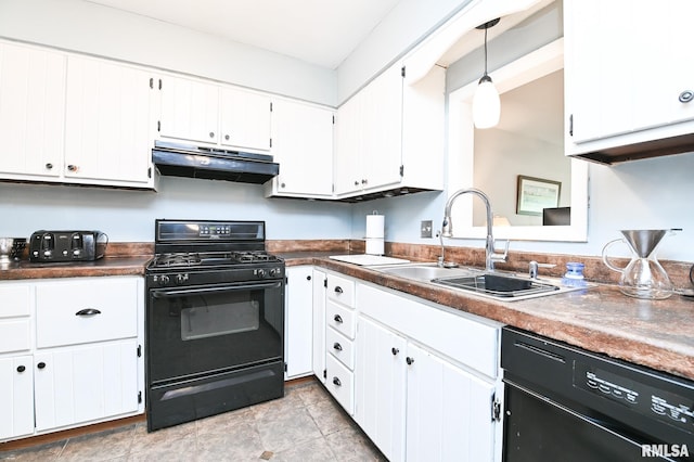 4126 N Chelsea Pl, Peoria, IL 61614 - kitchen featuring black appliances, under cabinet range hood, white cabinets, dark countertops, and pendant lighting