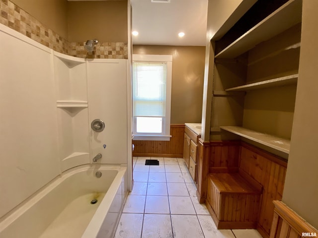 1502 W Columbia Ter, Peoria, IL 61606 - full bathroom featuring a wainscoted wall, shower / bathtub combination, vanity, and tile patterned floors