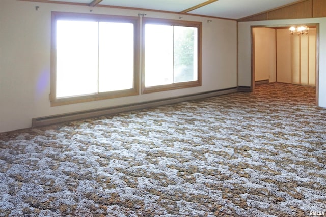 18223 N Slane Rd, Princeville, IL 61559 - unfurnished room featuring carpet floors, vaulted ceiling, and a chandelier