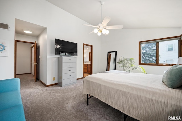 905 Highland Ct, Germantown Hills, IL 61548 - bedroom featuring vaulted ceiling, light carpet, ensuite bathroom, baseboards, and ceiling fan