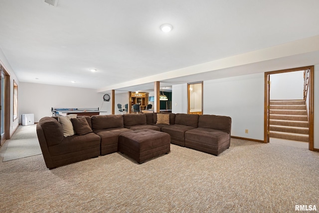 905 Highland Ct, Germantown Hills, IL 61548 - living room with carpet flooring, stairway, billiards table, and baseboards