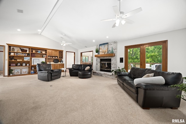 905 Highland Ct, Germantown Hills, IL 61548 - living area featuring a ceiling fan, vaulted ceiling, carpet flooring, and a fireplace