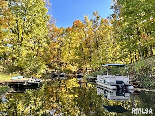 905 Highland Ct, Germantown Hills, IL 61548 - view of yard with a water view, a wooded view, and a dock