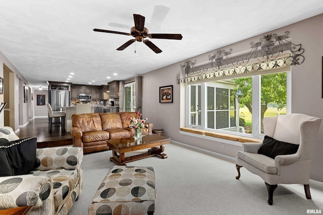 22 Cypress Pt, Pekin, IL 61554 - living room featuring baseboards, ceiling fan, recessed lighting, and carpet flooring