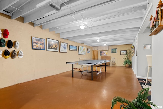 22 Cypress Pt, Pekin, IL 61554 - recreation room with finished concrete flooring and beamed ceiling