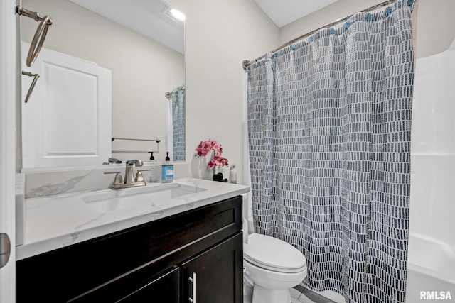 11306 N Joseph St, Dunlap, IL 61525 - bathroom featuring vanity, toilet, curtained shower, and tile patterned flooring