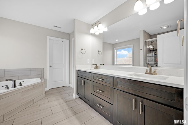 11306 N Joseph St, Dunlap, IL 61525 - full bath with double vanity, a garden tub, a stall shower, and baseboards
