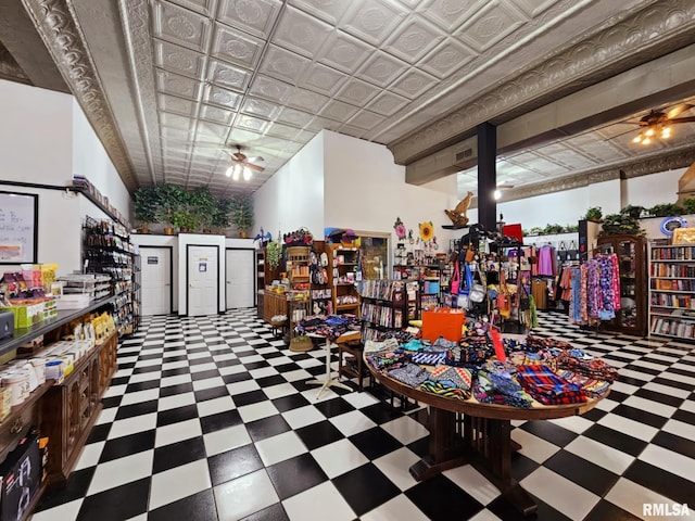 113 N Kickapoo St, Lincoln, IL 62656 - miscellaneous room featuring an ornate ceiling, tile patterned floors, and a ceiling fan