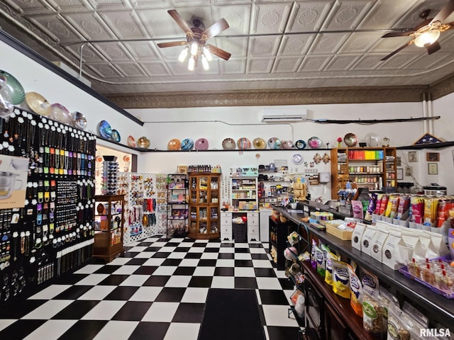 113 N Kickapoo St, Lincoln, IL 62656 - misc room with a ceiling fan, tile patterned floors, an ornate ceiling, and a wall mounted AC