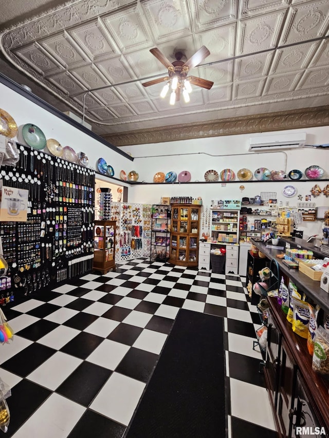 113 N Kickapoo St, Lincoln, IL 62656 - misc room featuring tile patterned floors, a ceiling fan, an ornate ceiling, and an AC wall unit