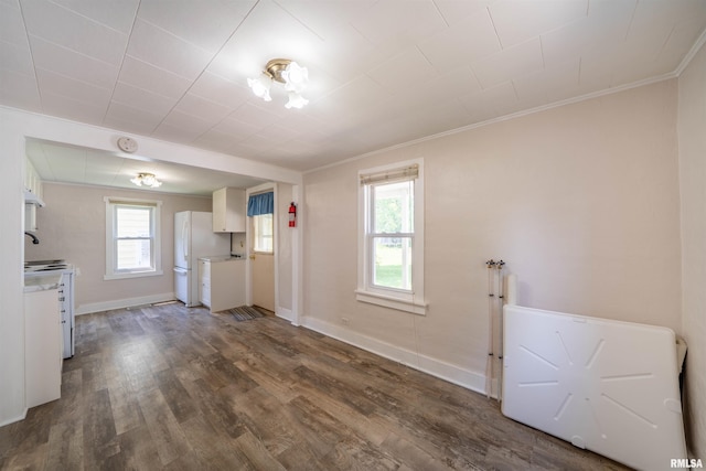 116 S 8th Ave, Canton, IL 61520 - unfurnished living room with dark wood-style flooring, ornamental molding, and baseboards
