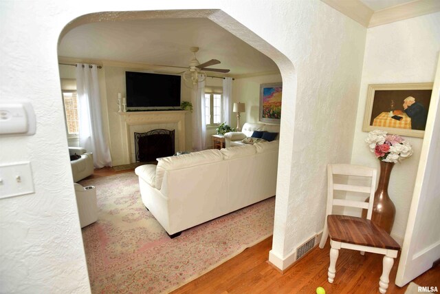 3307 N Biltmore Ave, Peoria, IL 61604 - living room with a textured wall, arched walkways, wood finished floors, a ceiling fan, and a fireplace with raised hearth