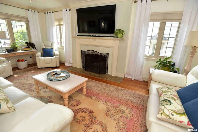 3307 N Biltmore Ave, Peoria, IL 61604 - living area featuring wood finished floors, healthy amount of natural light, and a tiled fireplace
