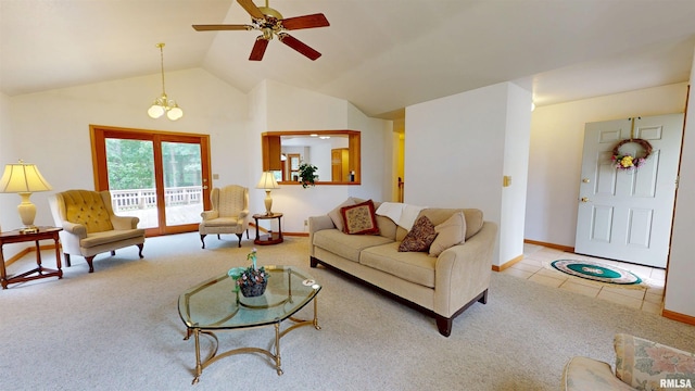 1111 Windy Hill Ct, Varna, IL 61375 - living room with carpet floors, vaulted ceiling, ceiling fan, baseboards, and a chandelier
